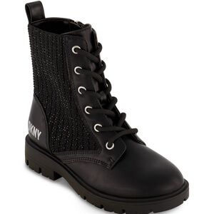 DKNY Black Combat Moto Boots with Textured Fabric